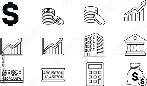 Financial icons set, banking symbols, business growth, investment chart, money bag, calculator, coin stack, dollar sign, office building, vector