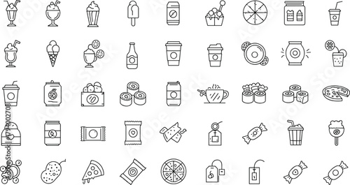 Food and drink icon set, black line style, dessert, beverage, snack, minimal design, vector, isolated, editable, outline, cad drawing flat vector illustration