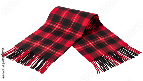 Warm woolen accessory featuring a striking red and black plaid pattern is displayed against a deep black background.
