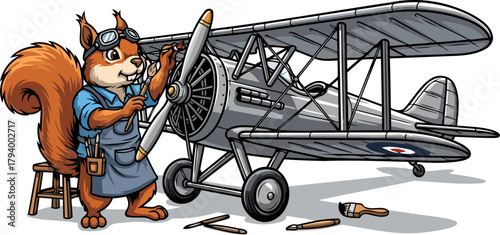ambitious squirrel crafts vintage biplane for adventurous skyward journeys, isolated on transparent background