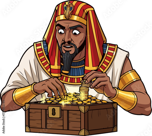 ancient kings wideeyed wonder counting gleaming gold coins from overflowing chest, isolated on transparent background