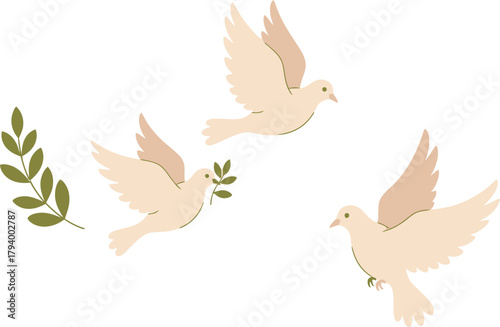 Graceful doves with olive branch soar against white, symbolizing hope, peace, and new beginnings for impactful projects.