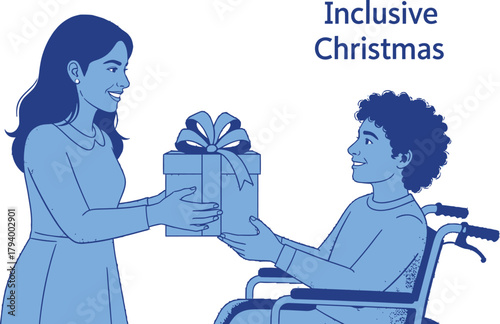Joyful woman presents thoughtful gift to smiling person in wheelchair, celebrating inclusive holiday spirit and community connection