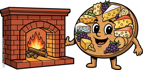animated charcuterie board character welcomes guests to a heartwarming fireside experience, isolated on transparent background