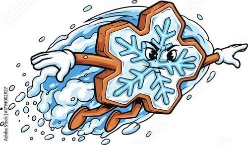 angry gingerbread snowflake mascot zips energetically, propelling a snowy holiday whirlwind, isolated on transparent background