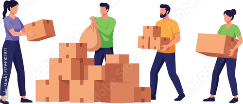 Team efficiently packing and moving boxes, a dynamic illustration of logistics and delivery services in action