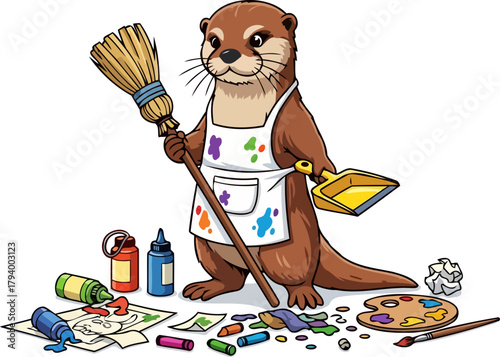 artistic otter embraces cleanup duty, balancing wild creativity with neatness, isolated on transparent background