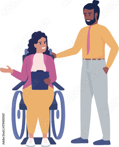 Confident businesswoman in wheelchair presenting ideas with supportive colleague offering encouragement in modern office setting