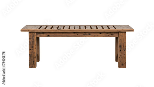 Rustic wooden bench featuring slats on the seat surface isolated against a dark background