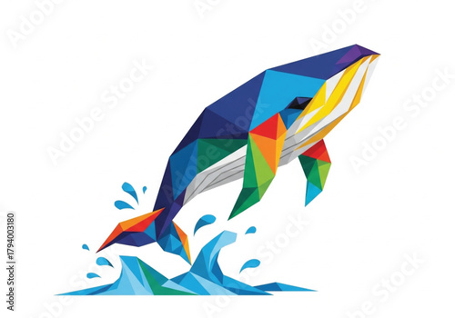 A vibrant and colorful geometric illustration of a whale leaping out of the ocean waves.