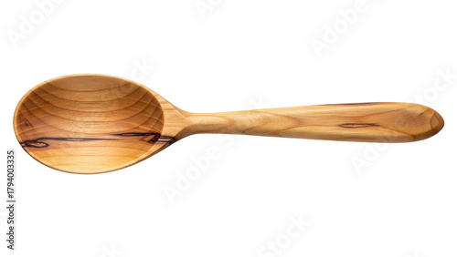 Natural wooden cooking utensil rests horizontally against a solid black background