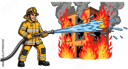 brave firefighter confronts raging building fire, unleashing powerful water to restore safety, isolated on transparent background