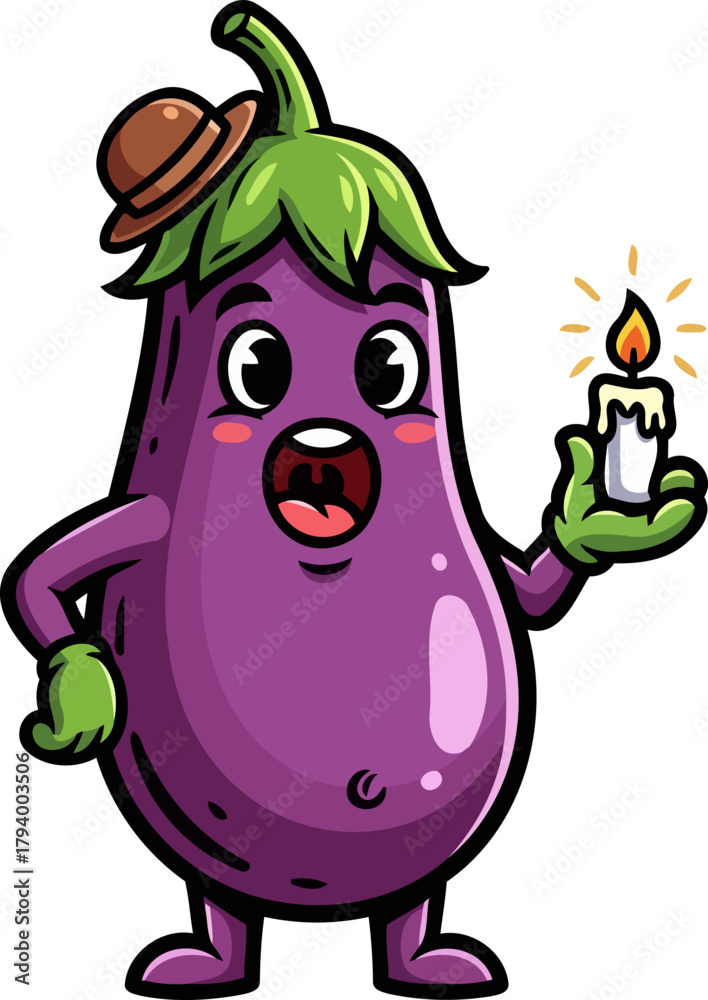 Fototapeta premium charming eggplant figure discovers inner light, holding a magical illuminating candle, isolated on transparent background