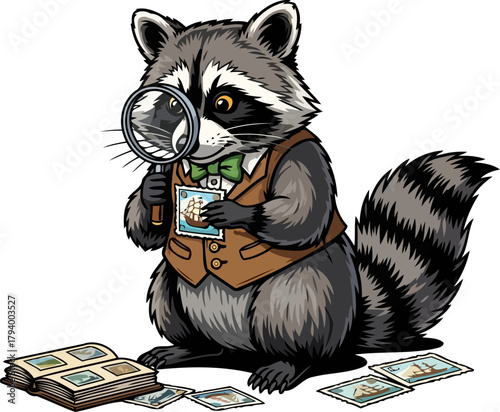 charming collector raccoon explores miniature worlds, passionately preserving tales of past adventures, isolated on transparent background