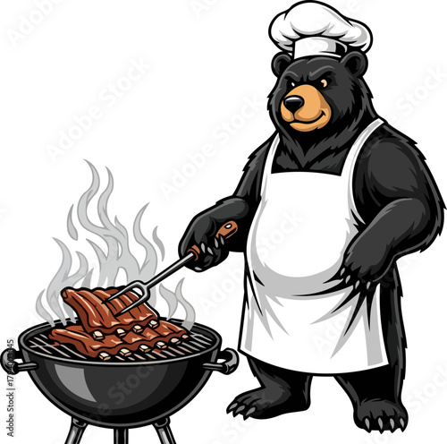 charming chef bear masters the grill, crafting delicious barbecue ribs with expert flair, isolated on transparent background