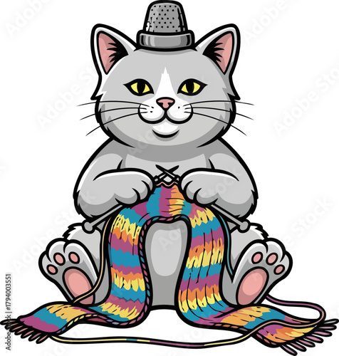 charming feline craftsman lovingly knits a vibrant scarf, spreading joy, isolated on transparent background