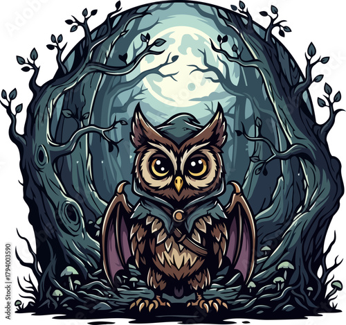 charming hooded owl embodies forest wisdom amidst moonlit fantasy woodland, isolated on transparent background