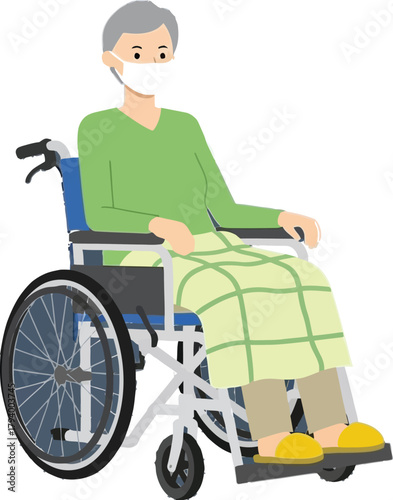 Senior individual wearing face mask rests comfortably in wheelchair, symbolizing care and recovery journeys.