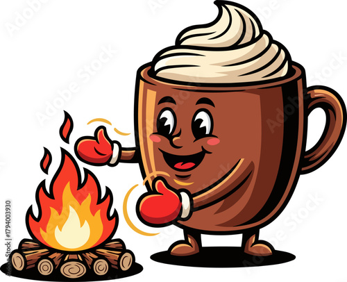 cheerful mug character enjoys cozy fireside warmth, radiating content winter vibes, isolated on transparent background
