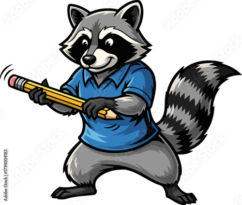 clever raccoon mascot wields giant pencil, sparking innovation and creative ideas, isolated on transparent background