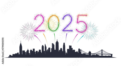 2025 fireworks over a city skyline at night with buildings and a bridge in silhouette