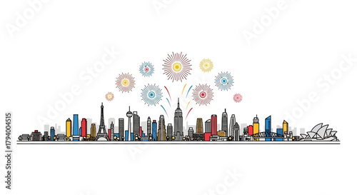 A cityscape silhouette with colorful buildings and fireworks