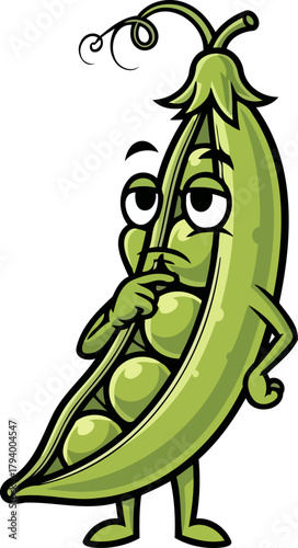 contemplative green pea mascot ponders future possibilities, seeking ingenious solutions and insights, isolated on transparent background