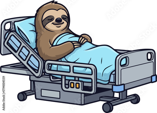 content sloth finds peaceful sanctuary, resting serenely in a cozy hospital bed, isolated on transparent background