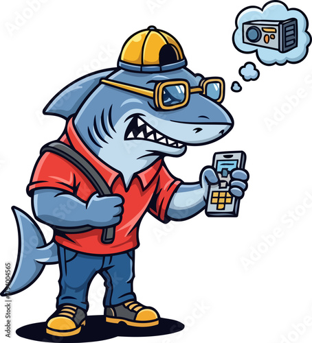cool shark character dives into digital content creation with vlogger ambition, isolated on transparent background
