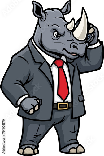 corporate rhino strategist contemplates bold business decisions with executive acumen, isolated on transparent background