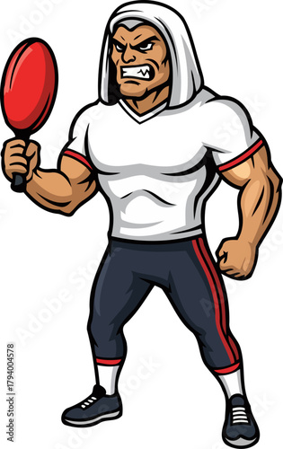 court commander holds paddle, embodying raw drive for table tennis victory, isolated on transparent background