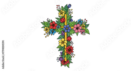 A beautiful Christian cross intricately decorated with a variety of colorful flowers and green leaves, isolated on a white background.