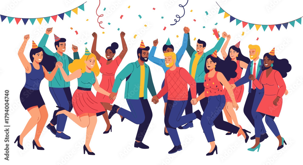 Fototapeta premium A joyful group dances under confetti wearing party hats and colorful attire