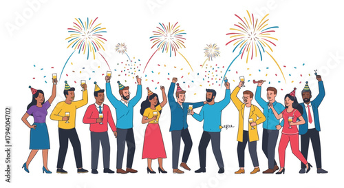 A group of eleven diverse people celebrating with fireworks and confetti