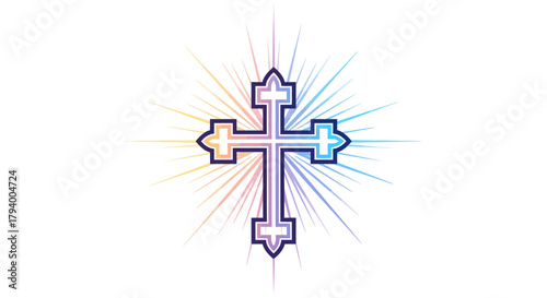 Radiant Christian cross with colorful light rays emanating from it.