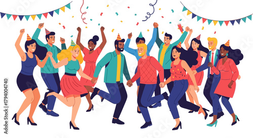 A joyful group dances under confetti wearing party hats and colorful attire