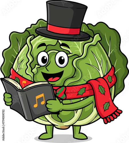 dapper cabbage character sings winter carols, sharing seasonal joy and melodic cheer, isolated on transparent background
