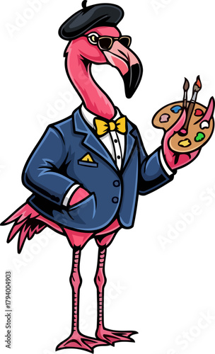 dapper flamingo maestro unleashing artistic flair with elegance and inspiration, isolated on transparent background