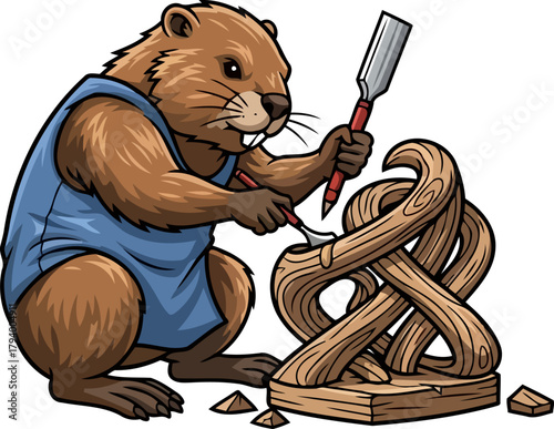 dedicated beaver masterfully crafts intricate wooden sculpture with focused artistic precision, isolated on transparent background