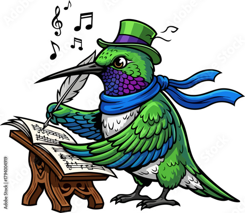 dapper hummingbird composer crafts enchanting melodies, celebrating artistic expression and musical genius, isolated on transparent background