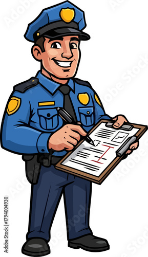 dedicated patrolman smilingly records essential information, upholding community safety and order, isolated on transparent background