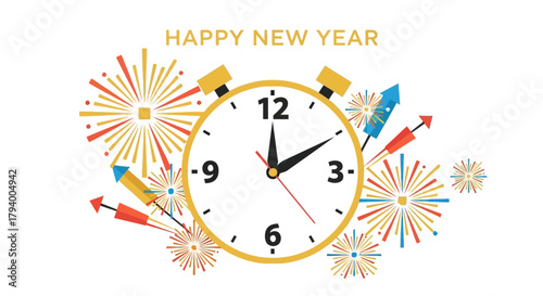 Cheerful New Year graphic with a clock nearing midnight surrounded by colorful fireworks
