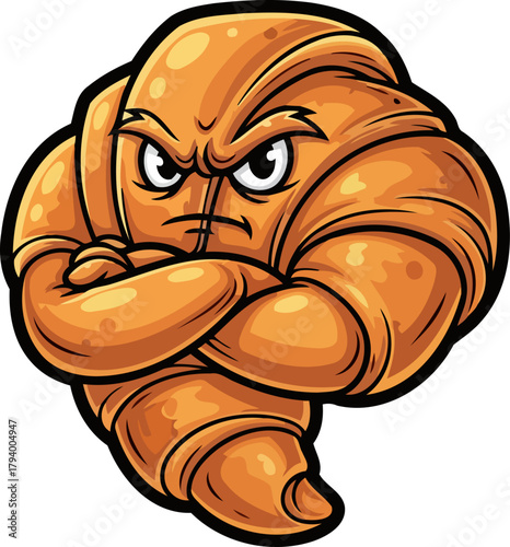 defiant croissant character scowls fiercely, ready to conquer the morning breakfast rush, isolated on transparent background