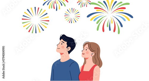 Couple watches colorful fireworks display in white background illustration