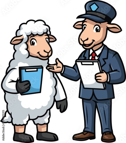 diligent sheep official offers guidance, explaining procedures to a curious, compliant citizen, isolated on transparent background