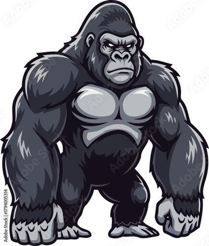 dominant alpha gorilla commands attention with unyielding gaze and raw power, isolated on transparent background