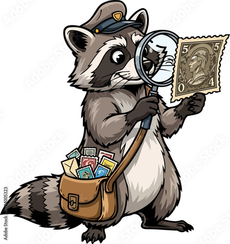 diligent raccoon mail carrier reveals secrets of a classic postage stamp, isolated on transparent background