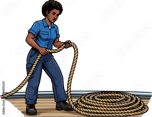diligent deckhand meticulously coils essential ship lines for smooth sailing operations, isolated on transparent background