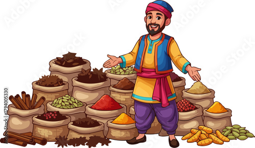 discover global flavors cheerful merchant invites you to his vibrant spice stall, isolated on transparent background