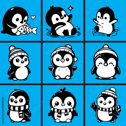 Cute cartoon penguins. Little penguin character with happy smile, aquatic flightless bird mascot vector set